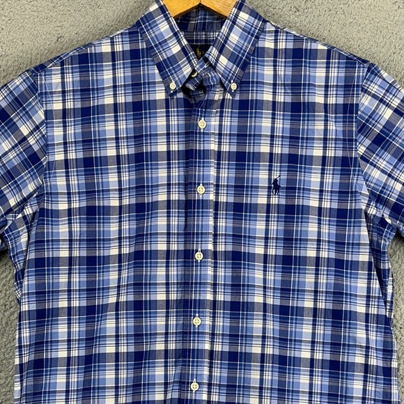 Ralph Lauren Button Down Shirt Mens Medium Blue White Plaid Short Sleeve Pony